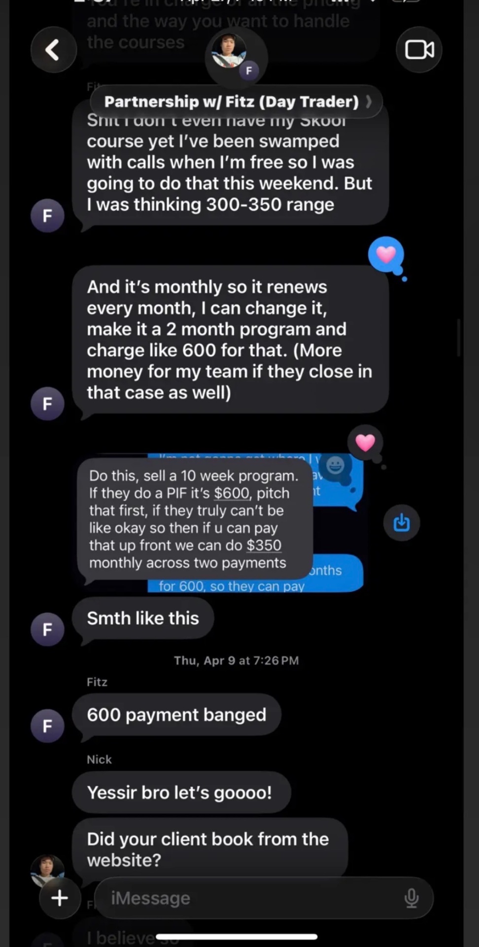 iMessage thread with Fitz, a day trader, locking in a $600 PIF payment from the HT Solution built website
