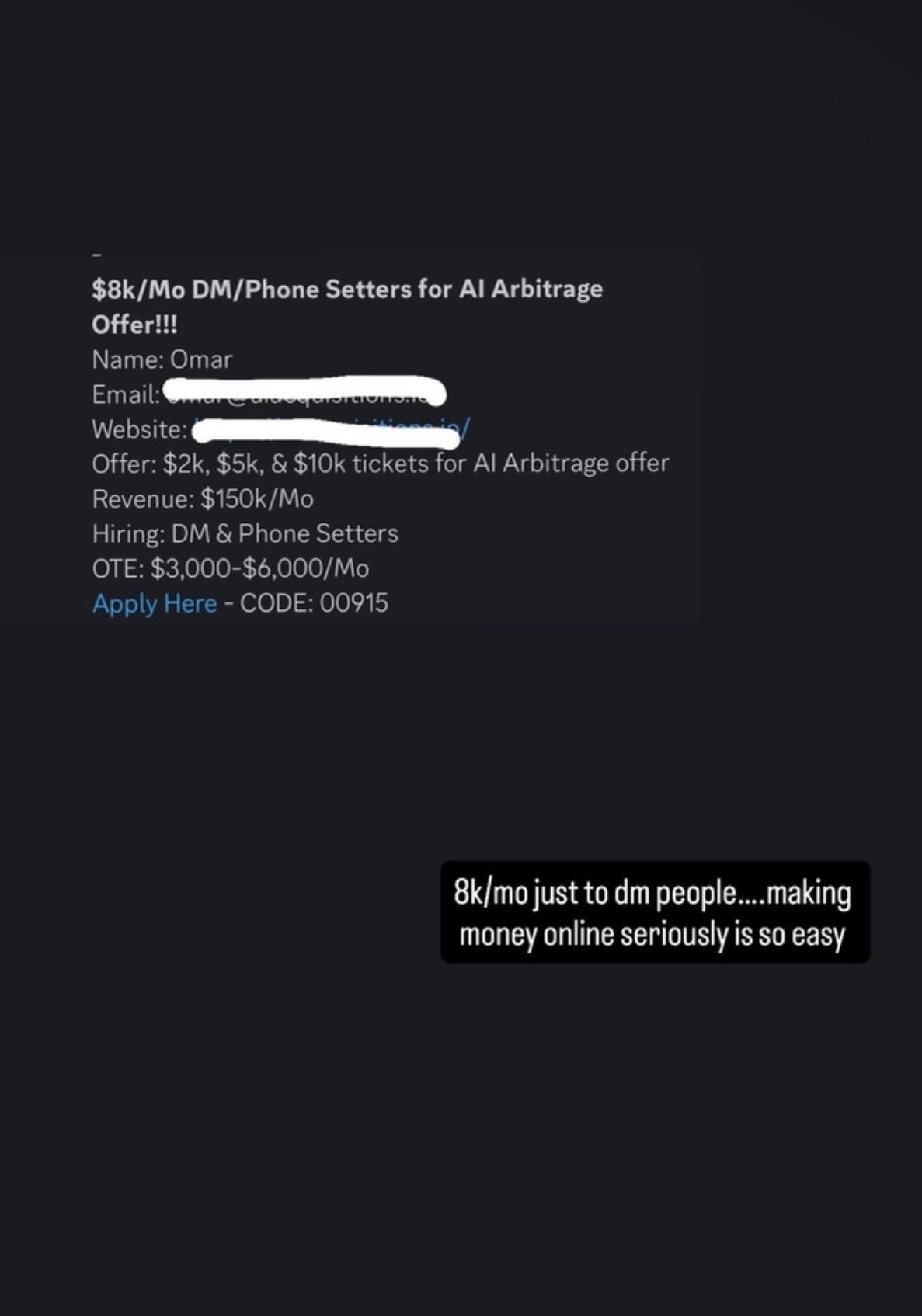 Job posting screenshot for a $15k per month setter role on a $100k to $200k per month AI agency offer