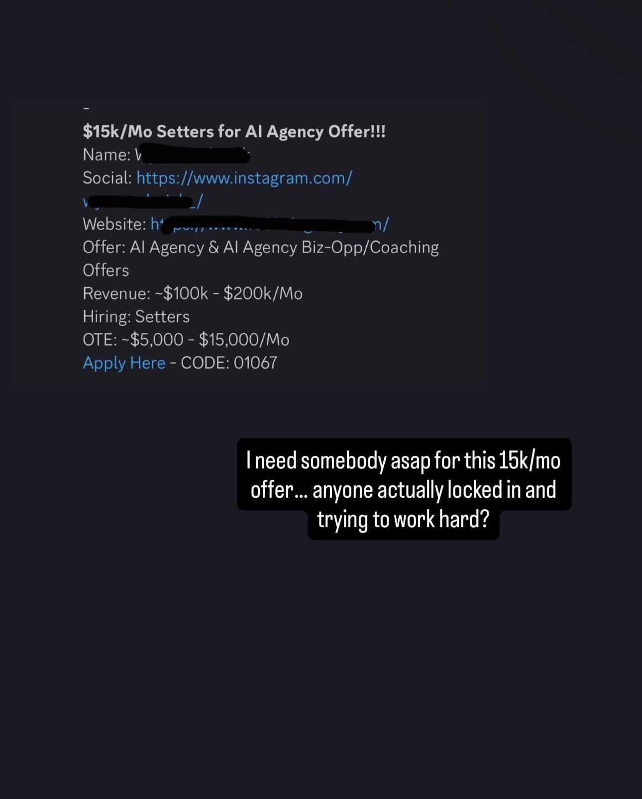 Job posting screenshot for an $8k per month DM and phone setter role on an AI arbitrage offer