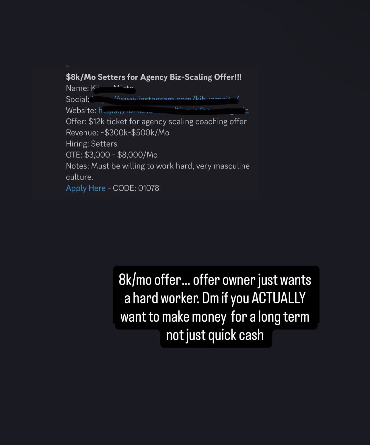 Job posting screenshot for an $8k per month setter role on a $12k agency scaling coaching offer