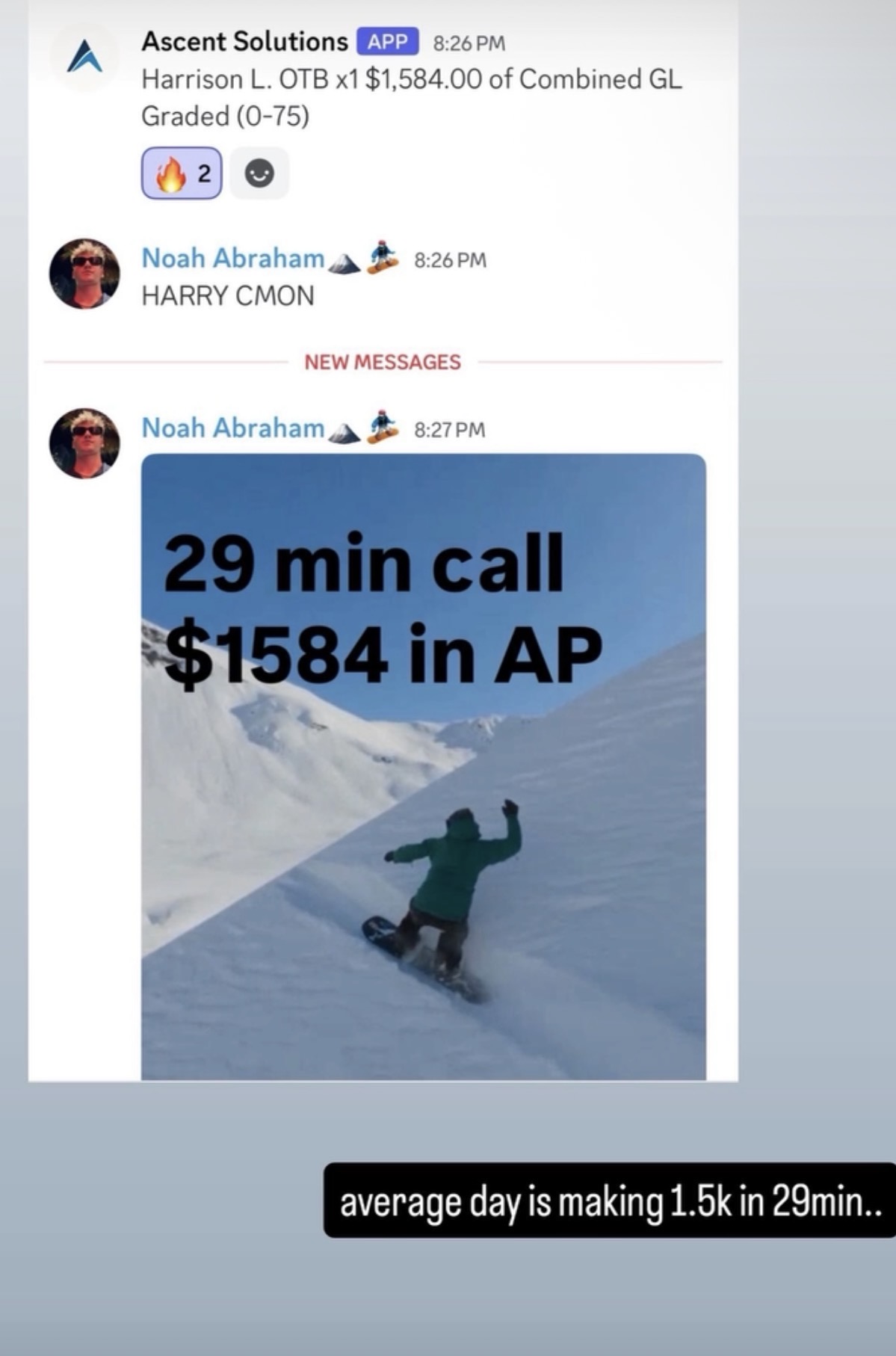 Ascent Solutions notification showing $1,584 in annual premium from a 29 minute call
